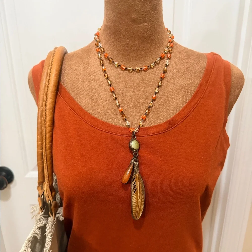 Bohemian-Style Orange Beaded Necklace with Feather Pendant